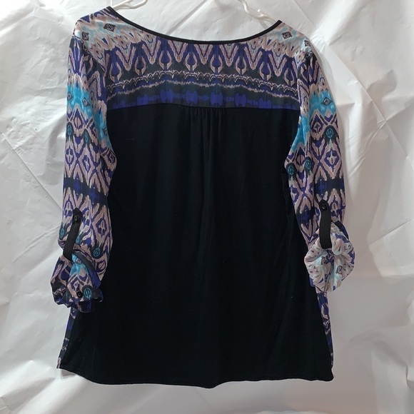 Charming Charlie Print Blue Teal and Gray Convertible Sleeve Blouse Size M - Picture 3 of 6